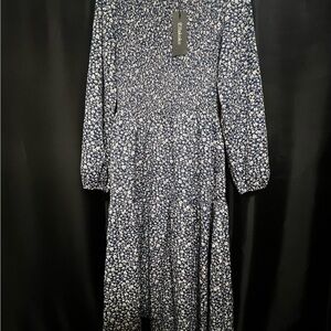 NWT Ellakoko Blue & White Floral Smocked Midi Dress